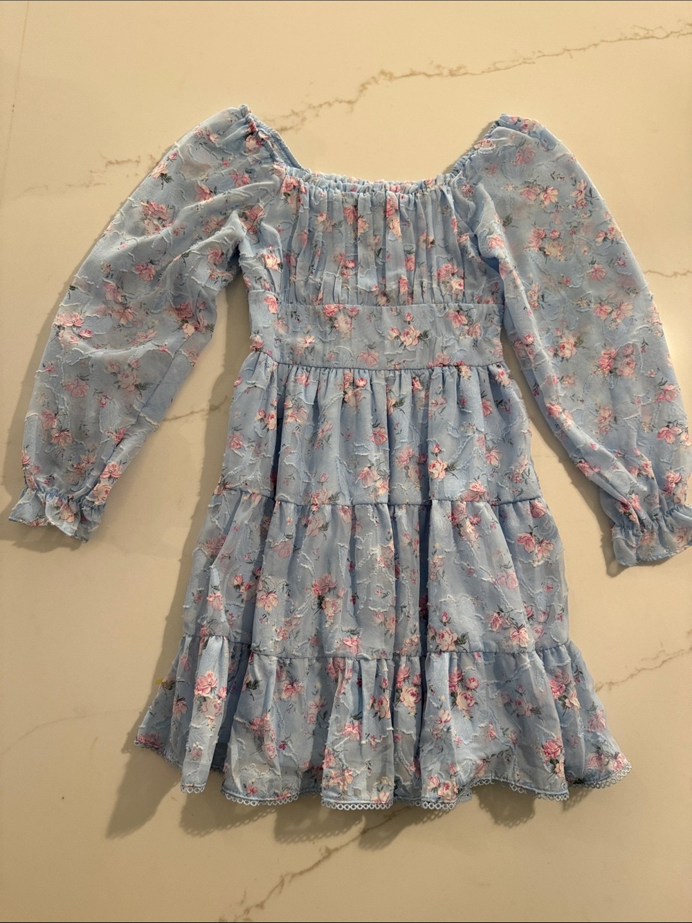 Rare Editions Light Blue Floral Tiered Long-Sleeve Dress